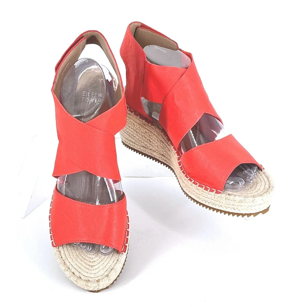 Eileen Fisher Size 10 Red Poppy Willow Leather Espadrille Wedge NEW Sandals $198